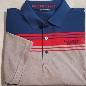 Cutter & Buck Men's Polo  Blue and Gray Stripes. Firestone Golfclub Logo. Sz L